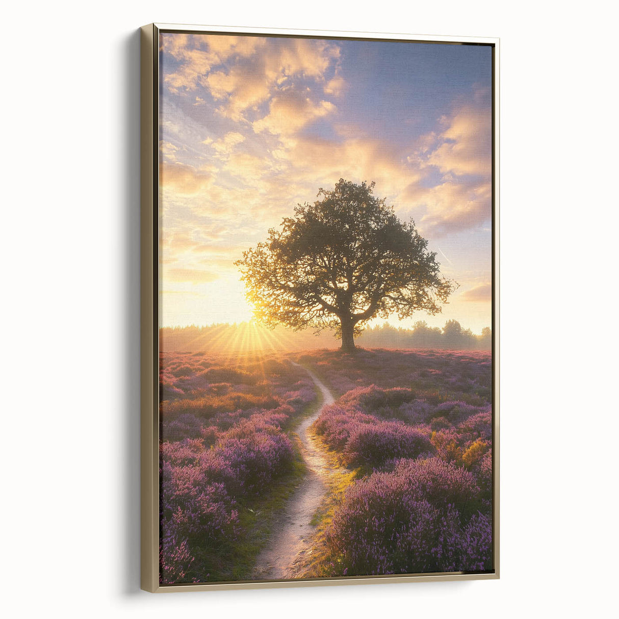 Framed canvas art showcasing a serene landscape field in vibrant greens and gold tones, designed to enhance home decor with a touch of nature's beauty.