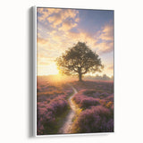 Framed canvas depicting a serene landscape of rolling green fields under a bright blue sky, showcasing a white frame and side view for elegant home decor.