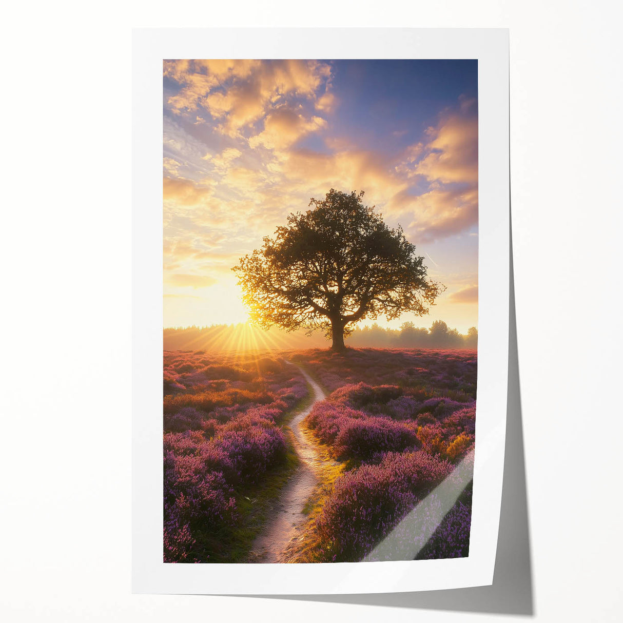 Vibrant rolled canvas print depicting a serene landscape of lush green fields under a clear blue sky, elegantly packaged in a protective cardboard tube for safe delivery.
