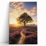 Vibrant stretched canvas artwork depicting a serene landscape of lush green fields under a bright blue sky, perfect for home decor or office settings.