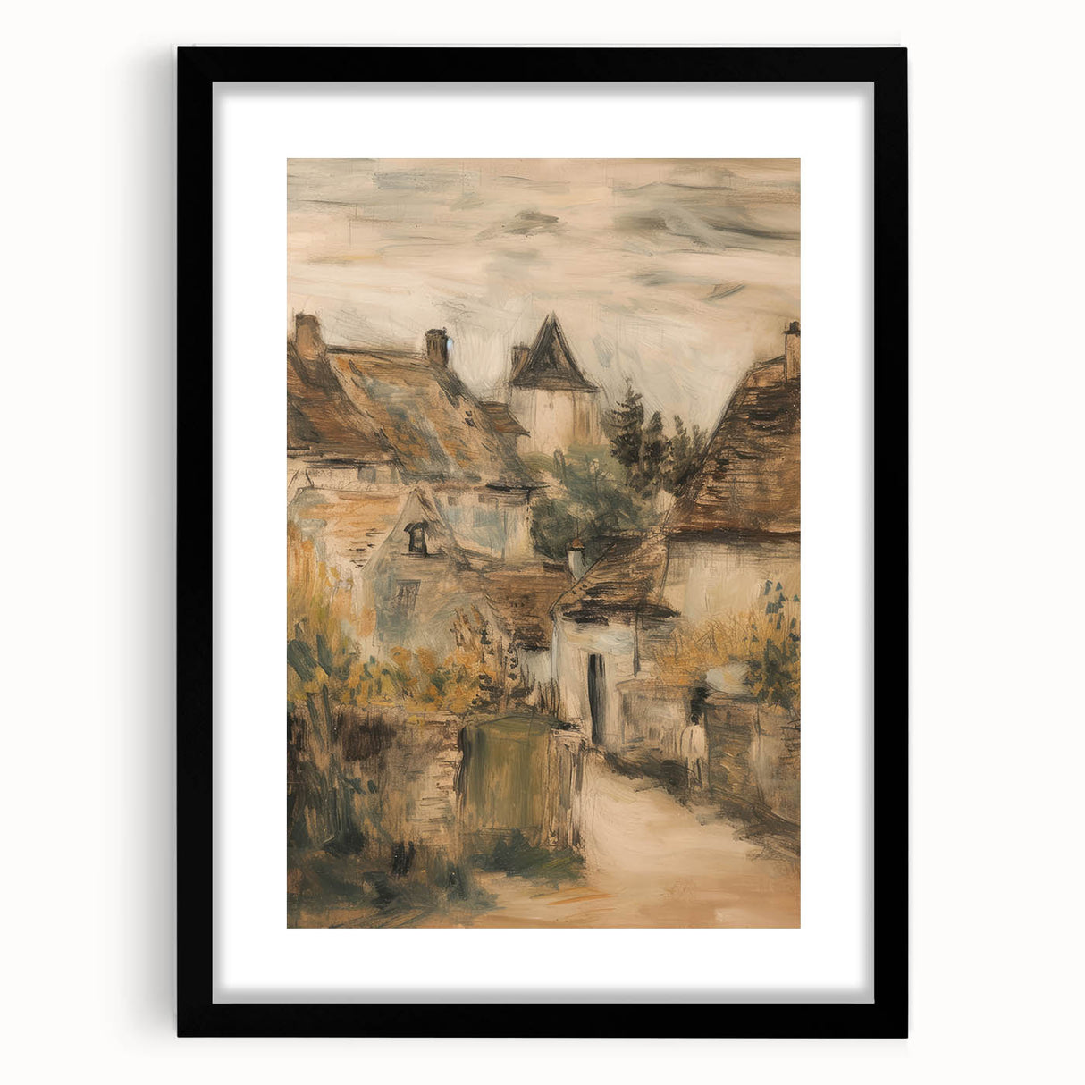 Black landscape frame with a white mat, showcasing a serene nature scene. The sleek front view highlights its modern design, perfect for home decor. Ideal for showcasing artwork or photography in stylish interiors.