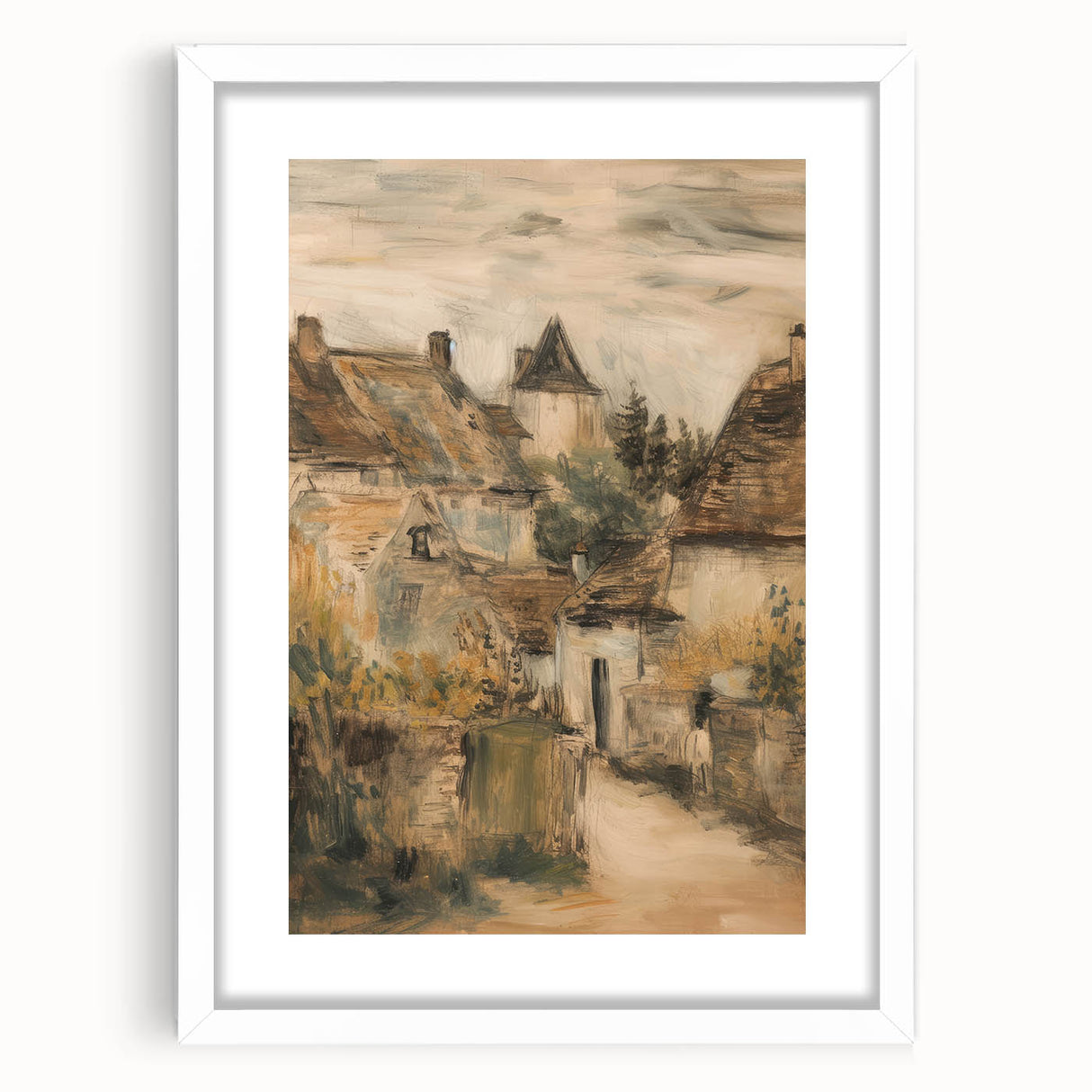 Elegant white-framed landscape artwork featuring a serene nature scene with lush greenery and a tranquil lake, perfect for home decor enhancement.