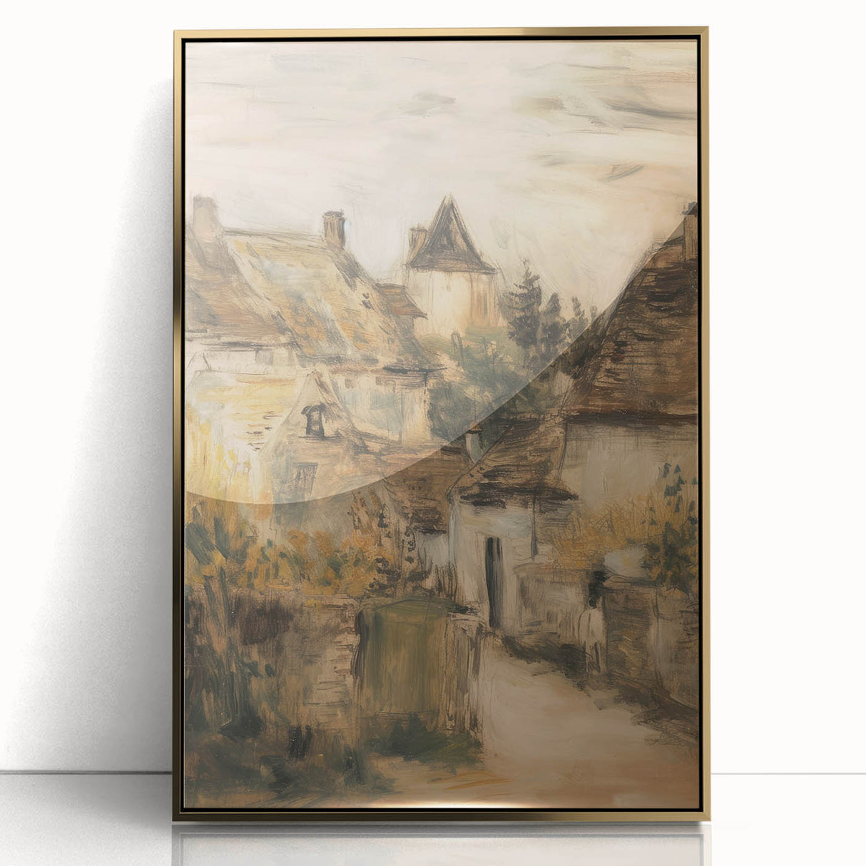 Framed acrylic landscape artwork showcasing a vibrant gold finish, ideal for modern decor. This piece adds a touch of elegance to any room with its striking design and luxurious appearance.