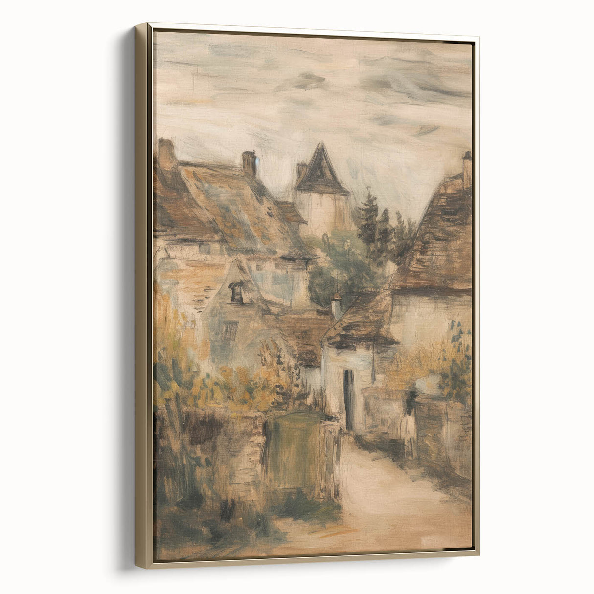 Framed canvas print showcasing a serene landscape scene with vibrant colors and gold accents, viewed from the side to highlight its elegant design and framing. Ideal for enhancing home decor.