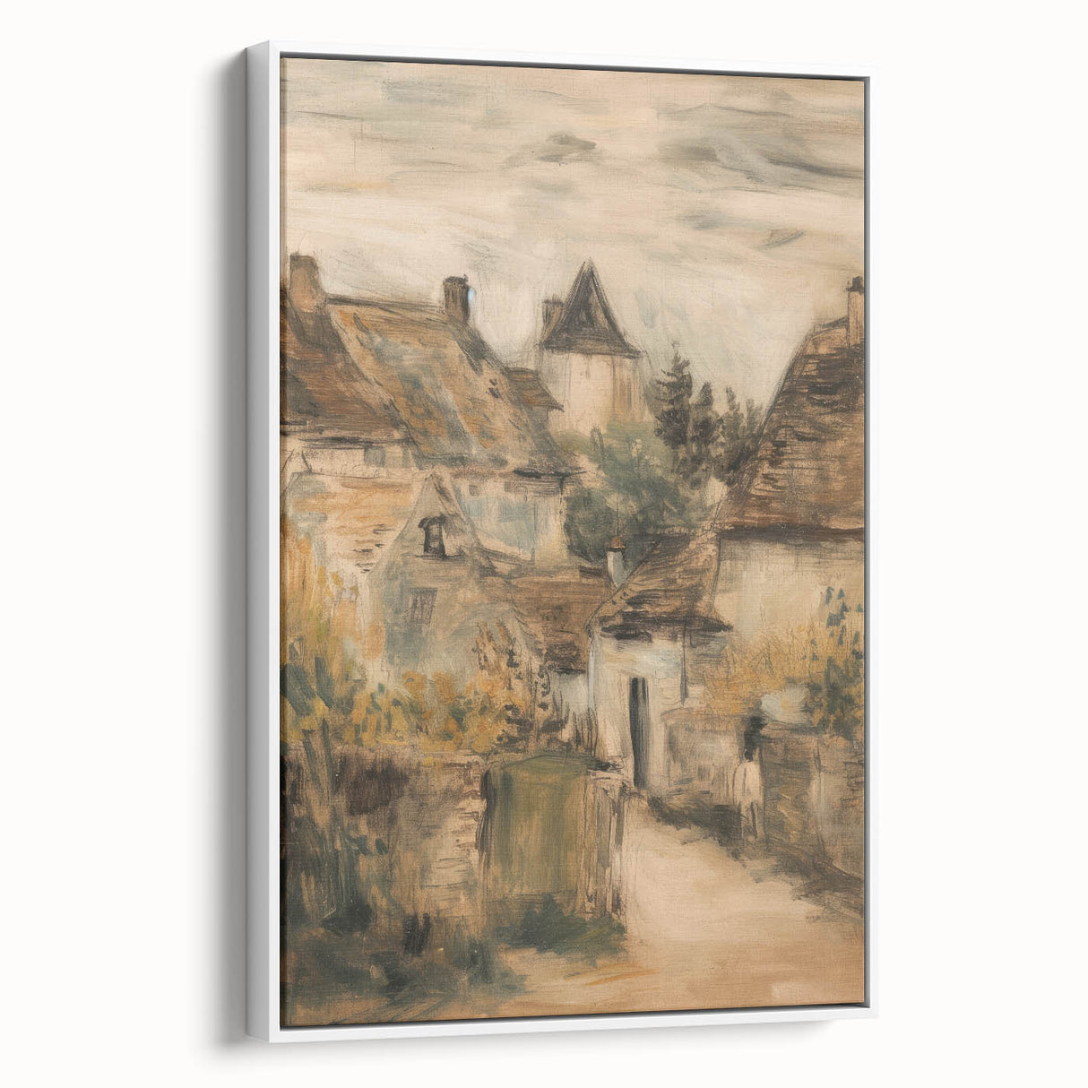 Framed canvas artwork showcasing a serene landscape design with vibrant colors, displayed from a white side view. Perfect for home decor and artistic ambiance.