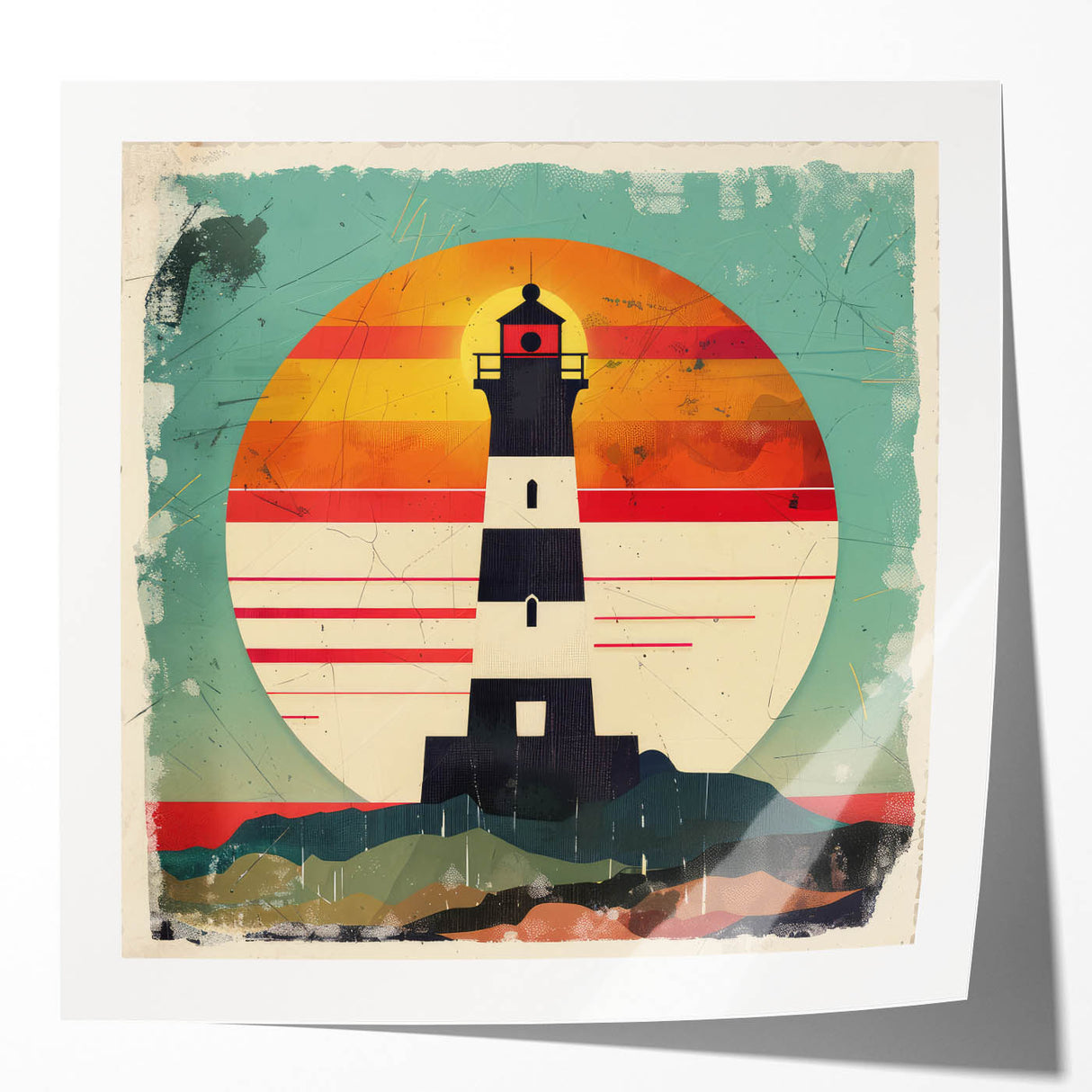 Lighthouse wall art print showcasing a serene coastal landscape, featuring vibrant colors and intricate details, ideal for home decor or office spaces.