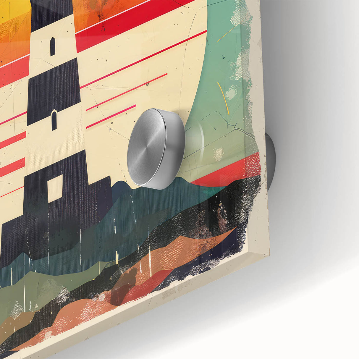 Close-up of vibrant lighthouse wall art printed on acrylic glass, showcasing intricate details and rich colors, perfect for enhancing coastal-themed decor.