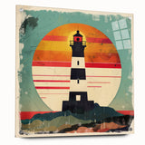 Acrylic glass wall art showcasing a stunning lighthouse landscape design, featuring vibrant colors and intricate details, displayed at a side view with decorative pins.