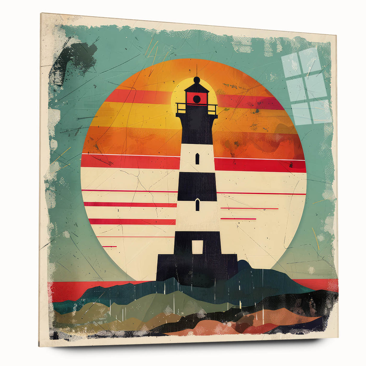 Acrylic glass wall art showcasing a serene coastal landscape with a lighthouse, vibrant colors, and a side view design, perfect for home decor or nautical themes.