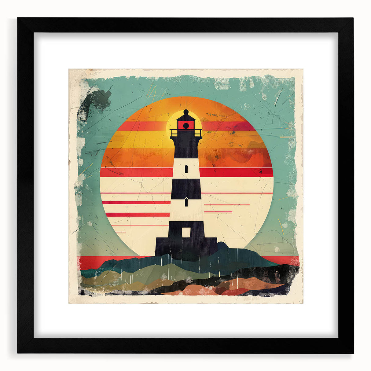 Black-framed wall art featuring a striking lighthouse landscape design, elegantly matted, perfect for coastal decor enthusiasts looking to enhance their home aesthetic.