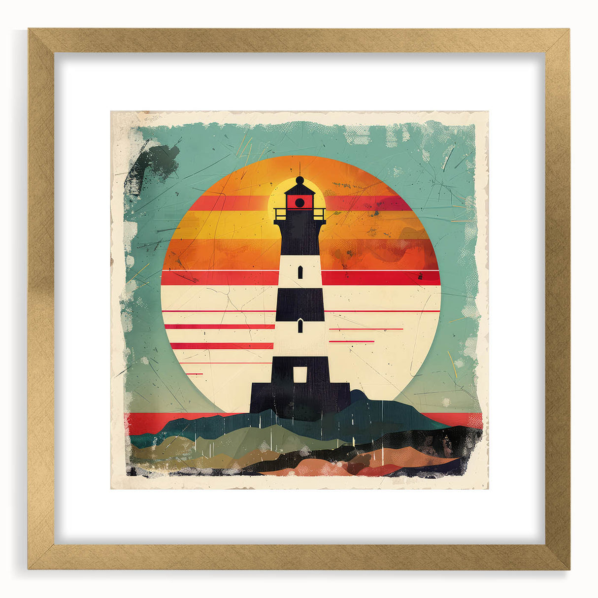 Gold-framed wall art displaying a scenic lighthouse landscape, enhanced with a white mat, ideal for coastal-themed home decor. Perfect for adding elegance and tranquility to any room.