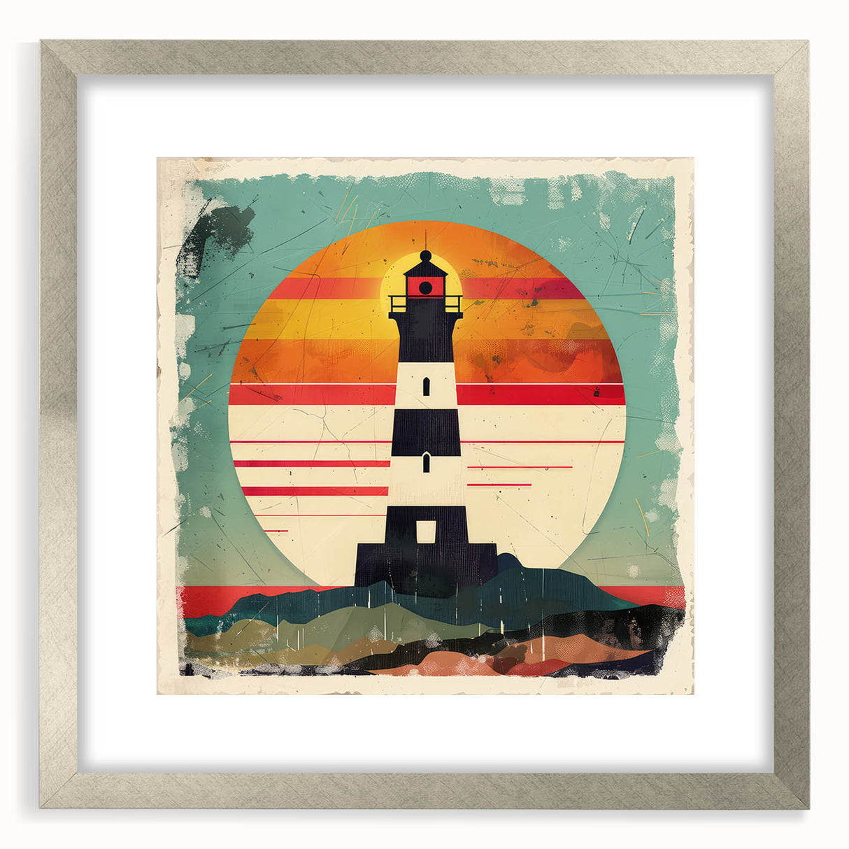 Framed wall art showcasing a silver-matted landscape featuring a lighthouse, perfect for coastal decor enthusiasts. Ideal for adding elegance and tranquility to any room.
