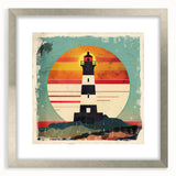 Framed wall art showcasing a silver-matted landscape featuring a lighthouse, perfect for coastal decor enthusiasts. Ideal for adding elegance and tranquility to any room.