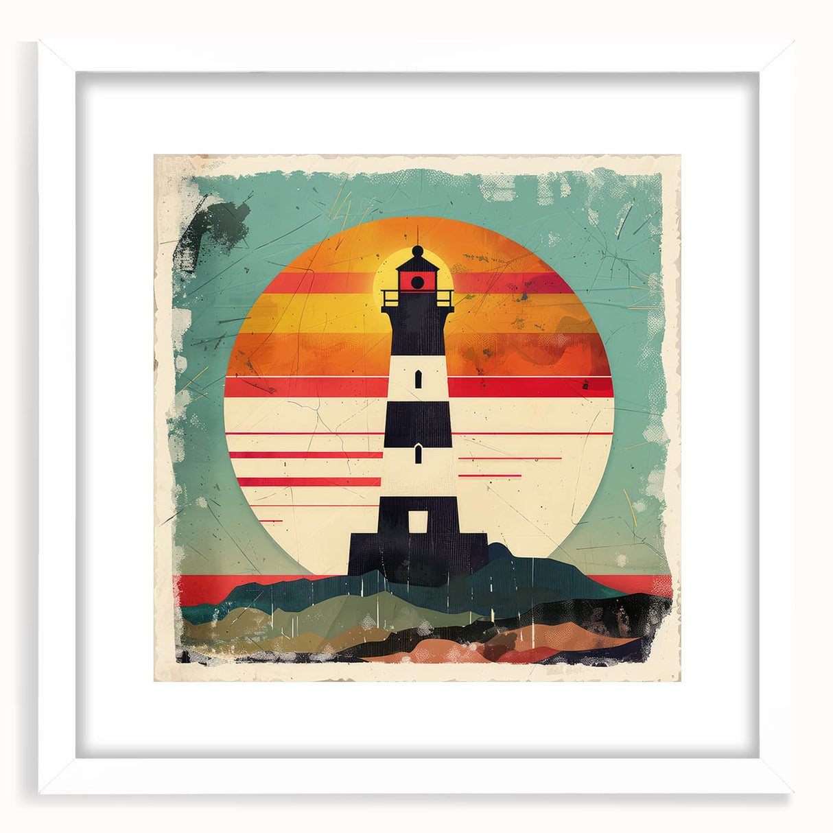 Framed wall art featuring a scenic lighthouse landscape with a white mat, showcasing vibrant colors and intricate details, perfect for coastal-themed decor.