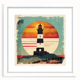 Framed wall art featuring a scenic lighthouse landscape with a white mat, showcasing vibrant colors and intricate details, perfect for coastal-themed decor.