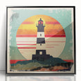 Framed acrylic wall art showcasing a picturesque lighthouse landscape, featuring vibrant colors and a sleek black frame, perfect for coastal decor enthusiasts.