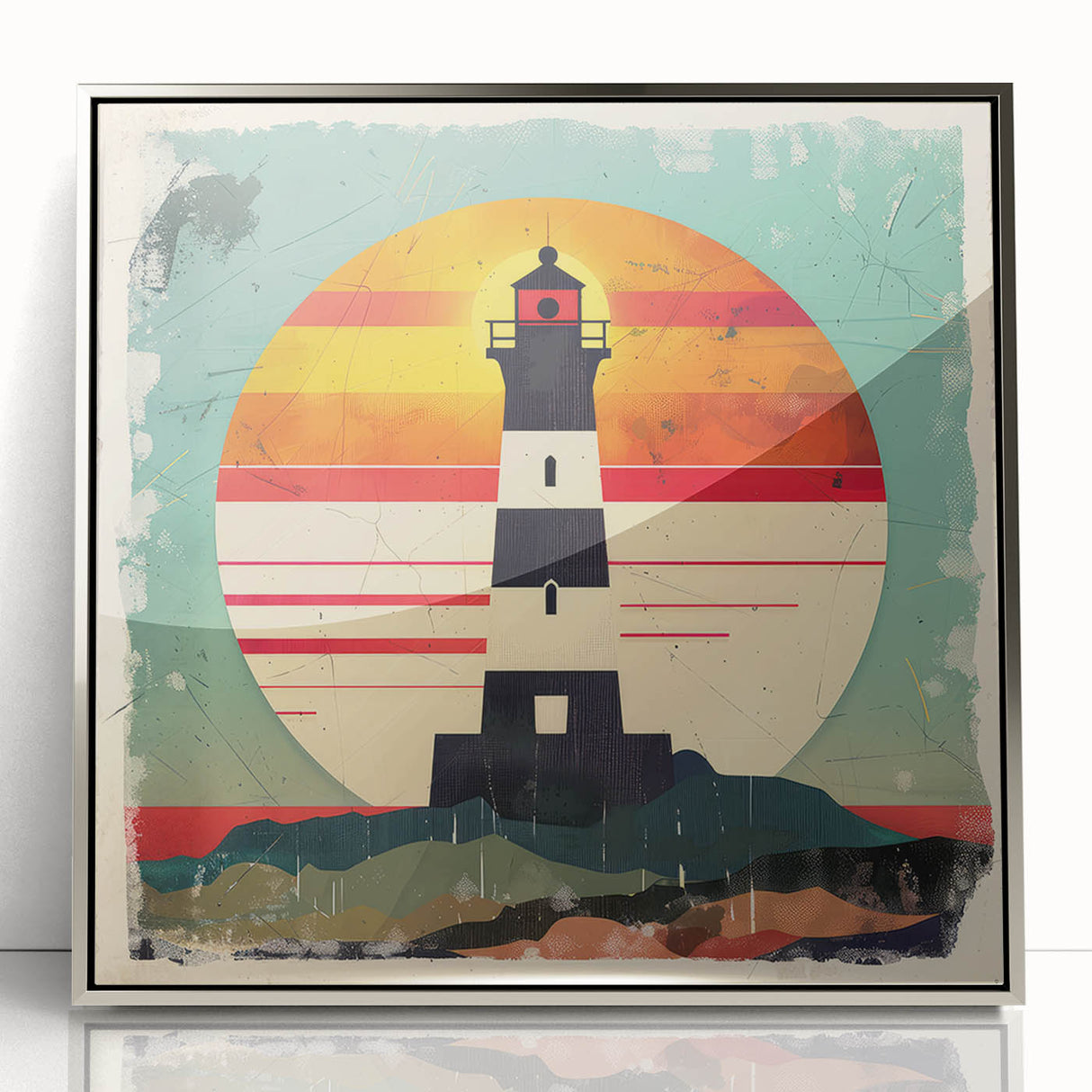 Framed acrylic wall art depicting a serene lighthouse landscape with silver accents, ideal for coastal-themed decor. Perfect for enhancing living spaces with a touch of elegance.