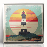 Framed acrylic wall art depicting a serene lighthouse landscape with silver accents, ideal for coastal-themed decor. Perfect for enhancing living spaces with a touch of elegance.