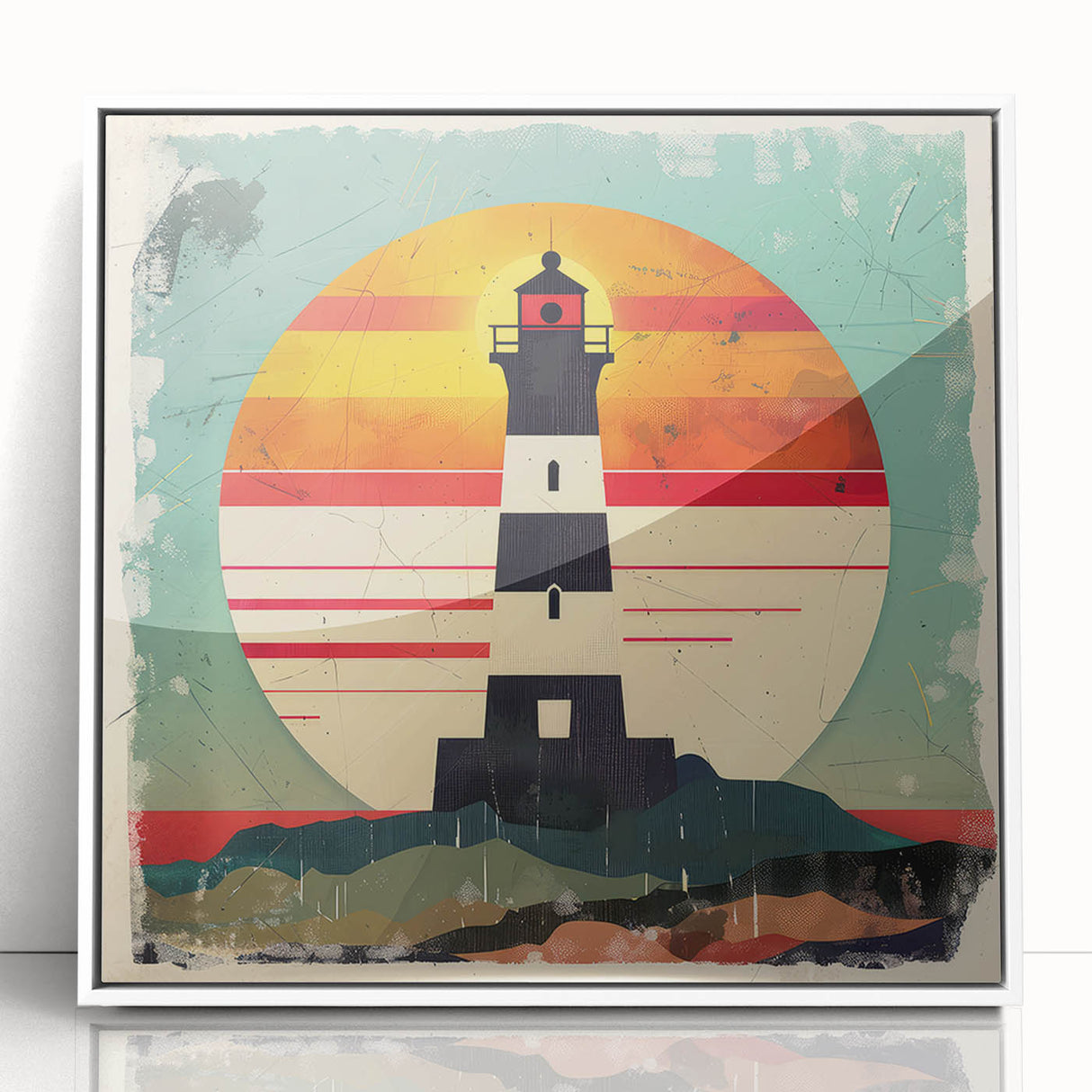 Framed acrylic wall art featuring a serene lighthouse landscape with vibrant colors, perfect for coastal decor. The white frame enhances the artwork's appeal.