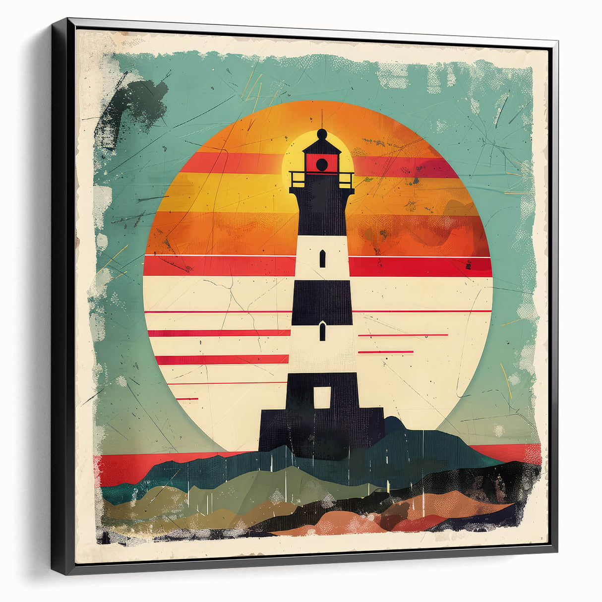 Framed canvas wall art depicting a serene lighthouse landscape with a vibrant sunset, featuring rich colors and intricate details, perfect for coastal-themed decor.