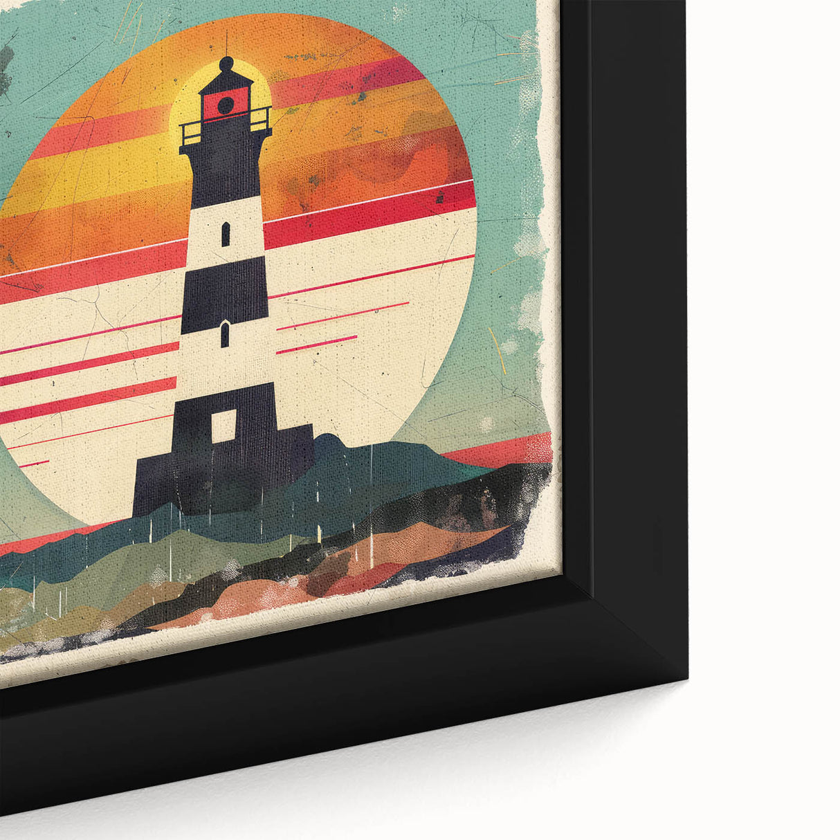 Close-up of a framed canvas wall art piece depicting a serene lighthouse landscape, featuring vibrant colors and intricate details, perfect for coastal-themed decor.