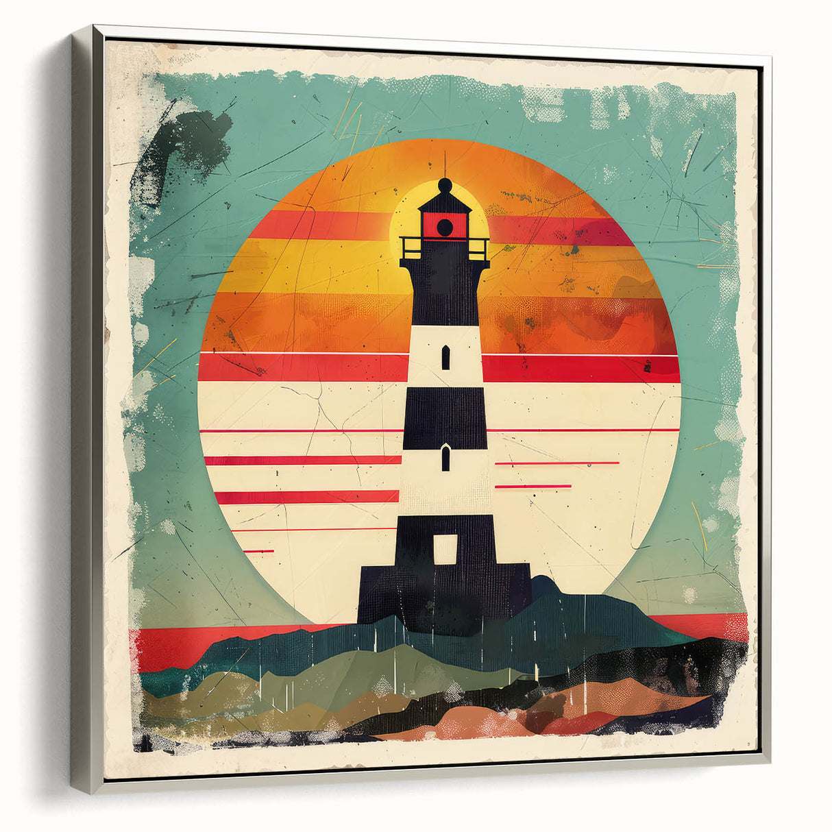 Framed canvas wall art depicting a serene lighthouse landscape in silver tones, showcasing a coastal view with soft clouds and gentle waves, perfect for home decor.
