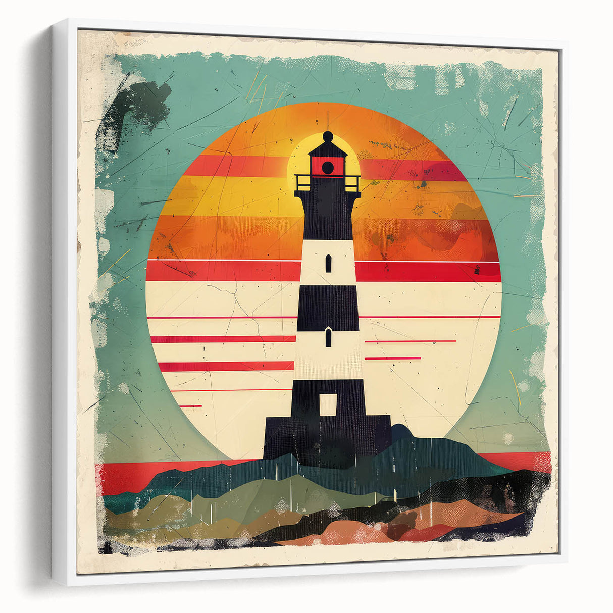 Framed canvas wall art depicting a serene lighthouse landscape, showcasing vibrant colors with a white frame, perfect for coastal-themed decor.