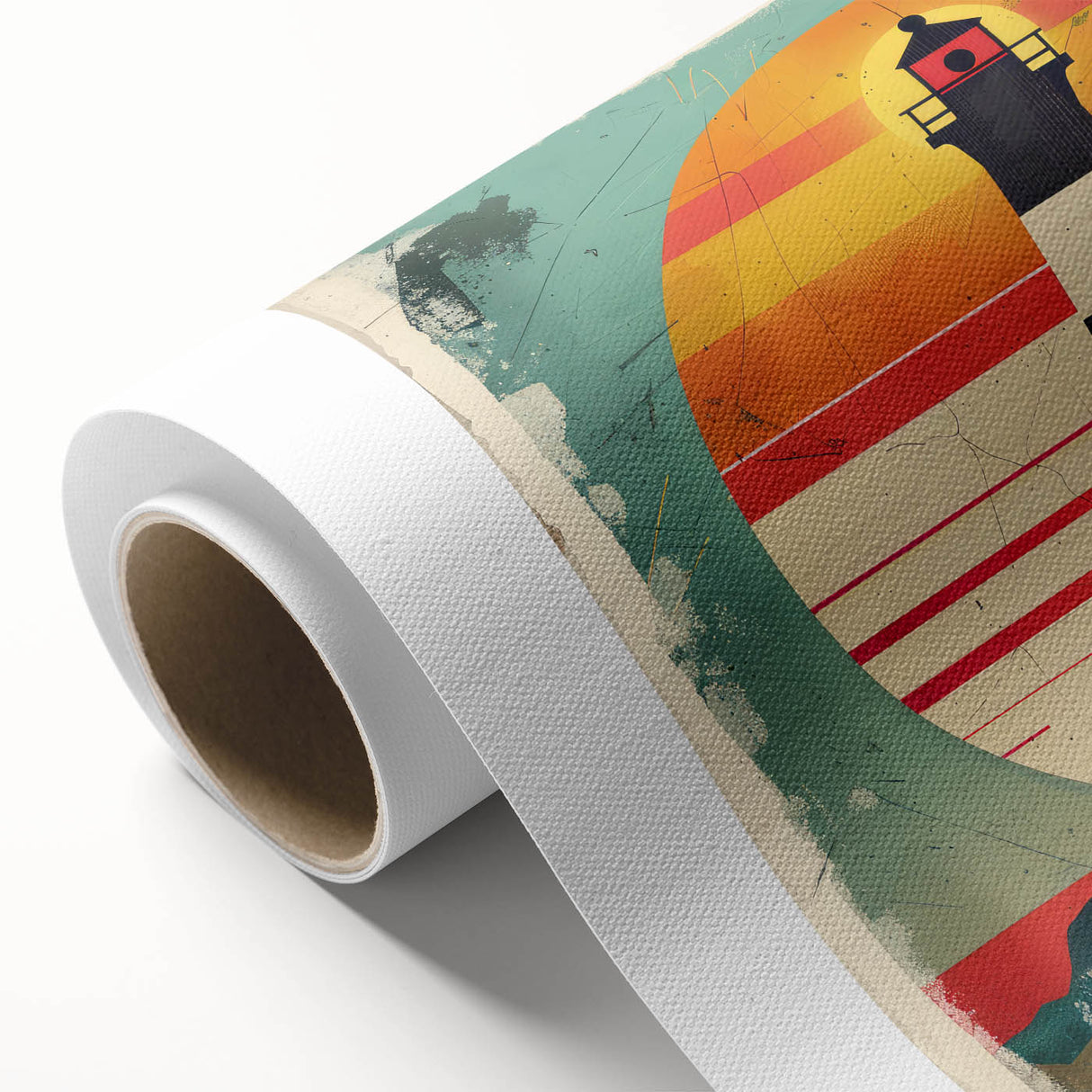 Lighthouse wall art on rolled canvas showcases a serene coastal landscape with soft blues and vibrant greens, perfect for home decor. Ideal for beach-themed interiors.