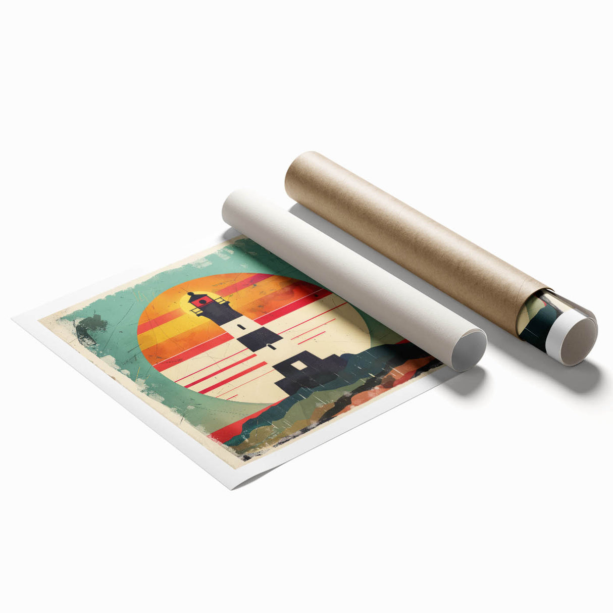 Vibrant landscape wall art print featuring a serene lighthouse scene at sunset, showcasing rich colors and intricate details, rolled for easy display and storage.
