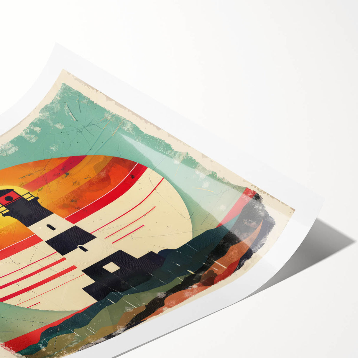 Colorful lighthouse wall art print showcasing a serene coastal landscape, featuring vibrant skies and waves, rolled up for easy shipping and display.