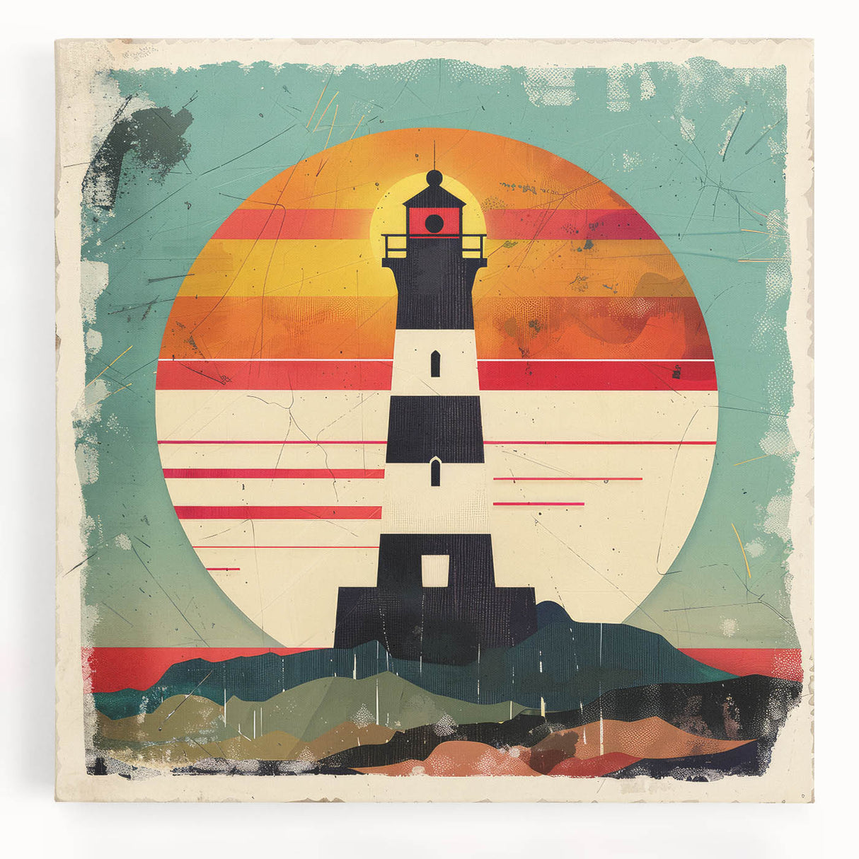 Stretched canvas wall art showcasing a vibrant lighthouse landscape with a serene ocean backdrop, perfect for coastal-themed home decor. The artwork features rich colors and intricate details, ideal for brightening up living spaces.