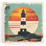 Stretched canvas wall art showcasing a vibrant lighthouse landscape with a serene ocean backdrop, perfect for coastal-themed home decor. The artwork features rich colors and intricate details, ideal for brightening up living spaces.