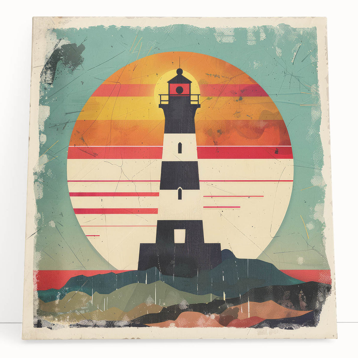 Stretched canvas wall art showcasing a serene lighthouse landscape, featuring vibrant blues and greens, perfect for coastal-themed decor, enhancing any space.
