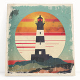 Stretched canvas wall art showcasing a serene lighthouse landscape, featuring vibrant blues and greens, perfect for coastal-themed decor, enhancing any space.