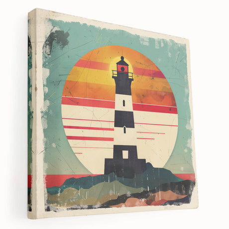 Stretched canvas wall art depicting a scenic lighthouse landscape, showcasing vibrant colors and intricate details. Perfect for coastal-themed decor, this artwork adds a serene ambiance to any room.