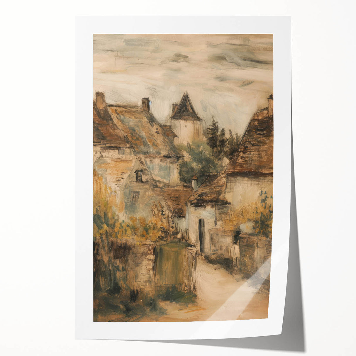 Stunning landscape art print depicting vibrant mountains under a blue sky, expertly rolled and packaged in a durable cardboard tube for easy display.