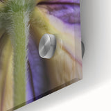 Large abstract floral design in vibrant orange and yellow tones on acrylic glass, suitable for dining room art.