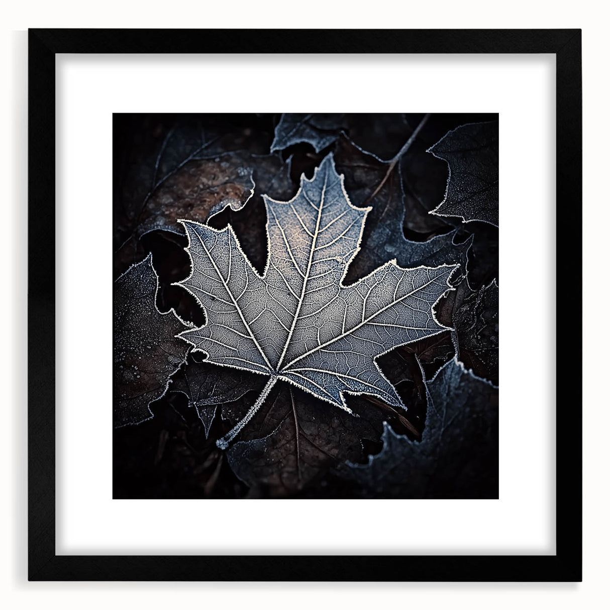 Extra large abstract art print featuring vibrant, colorful leaves on textured canvas, framed in black.