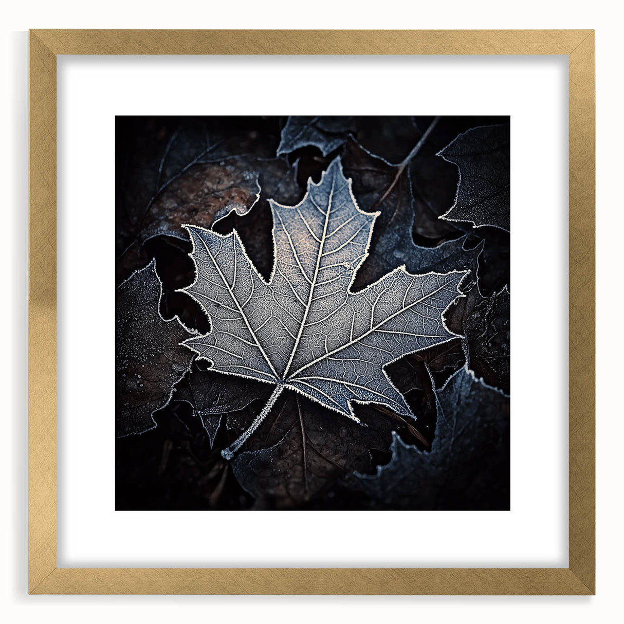 Extra large abstract art print featuring close-up textured leaves in gold, framed, ideal for living room decor.