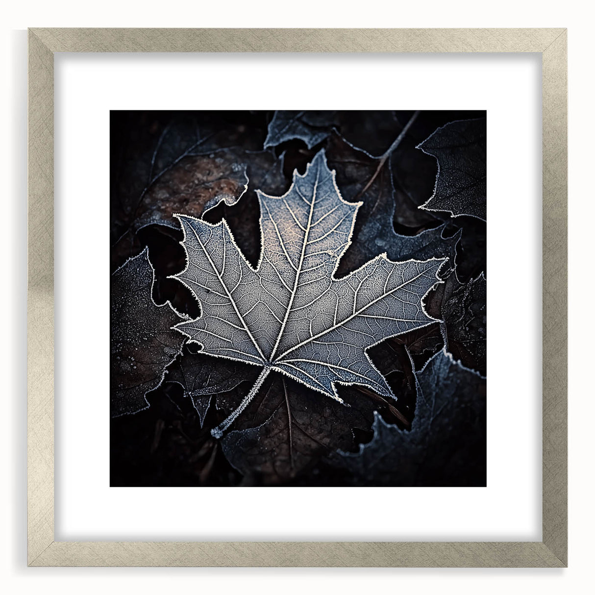 Close-up of textured art featuring abstract leaf patterns in green and silver hues, framed in matte silver.