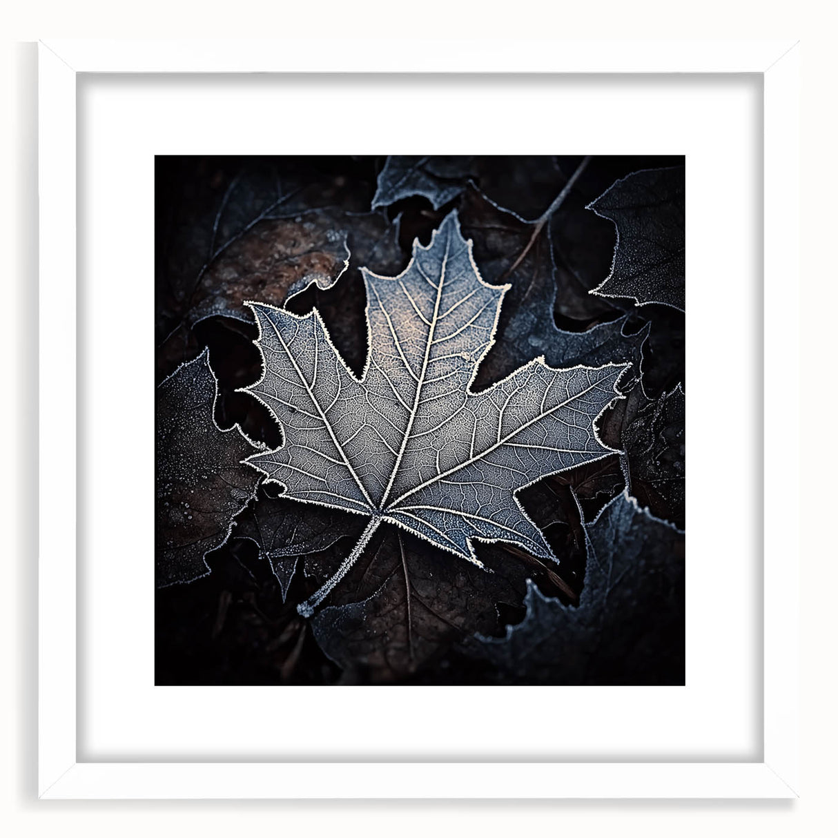 Abstract art print featuring close-up of green leaves, in a white frame, suitable for bedroom or dining room decor.