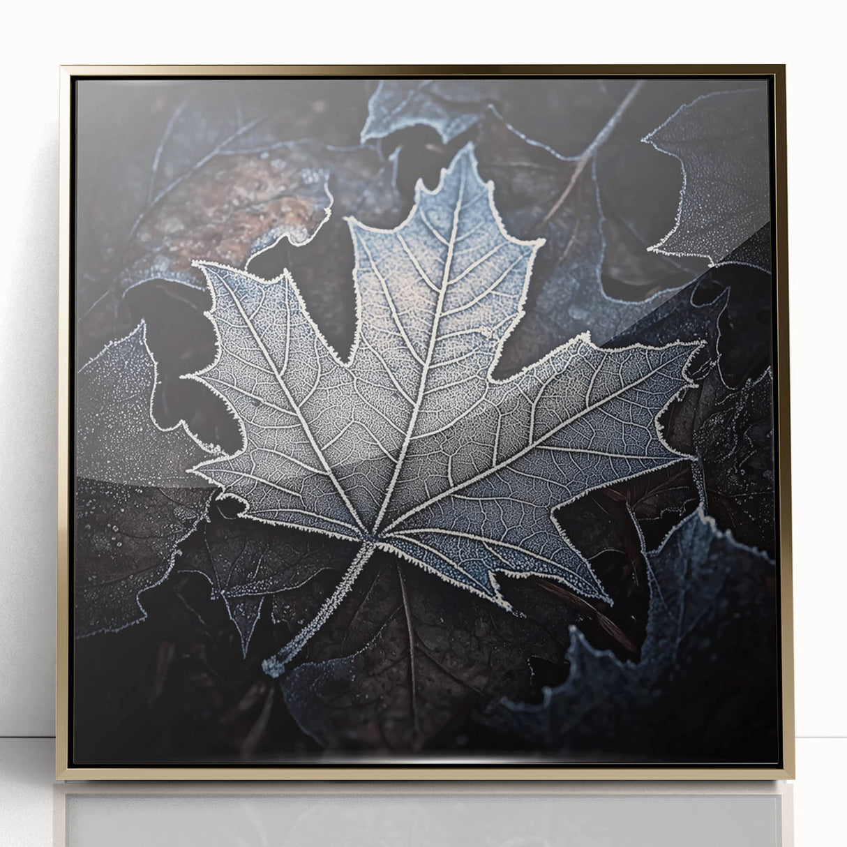 Large art print of close-up leaves in gold tones, framed in acrylic, mid-century modernist style.