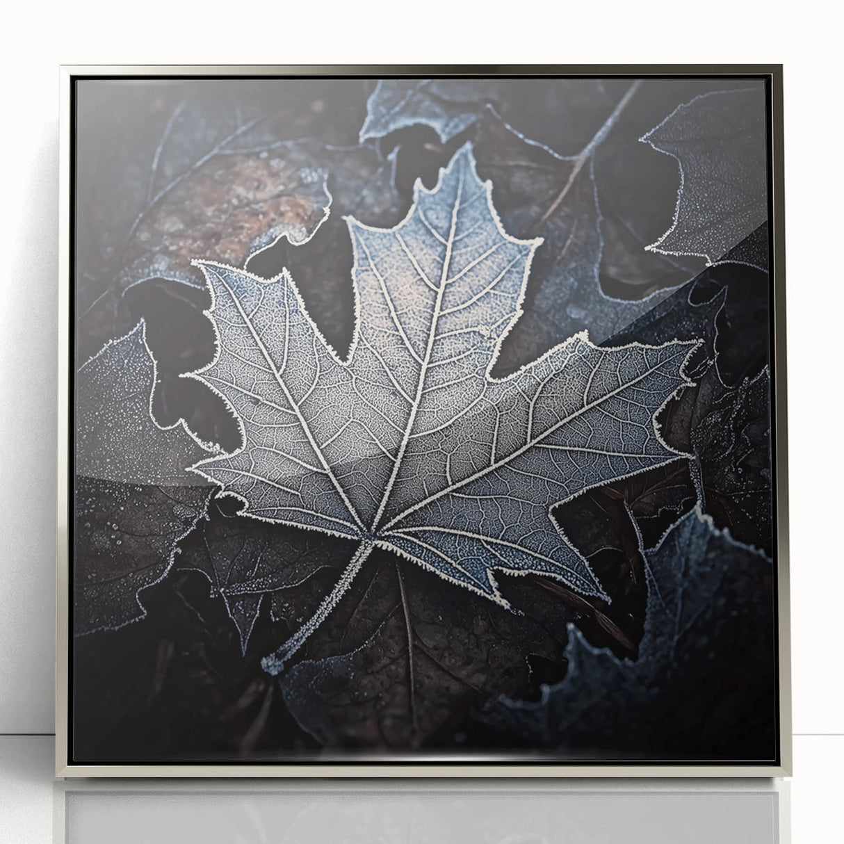 Mid-century modernist art featuring close-up of green leaves in a silver frame, ideal for nursery wall decor.