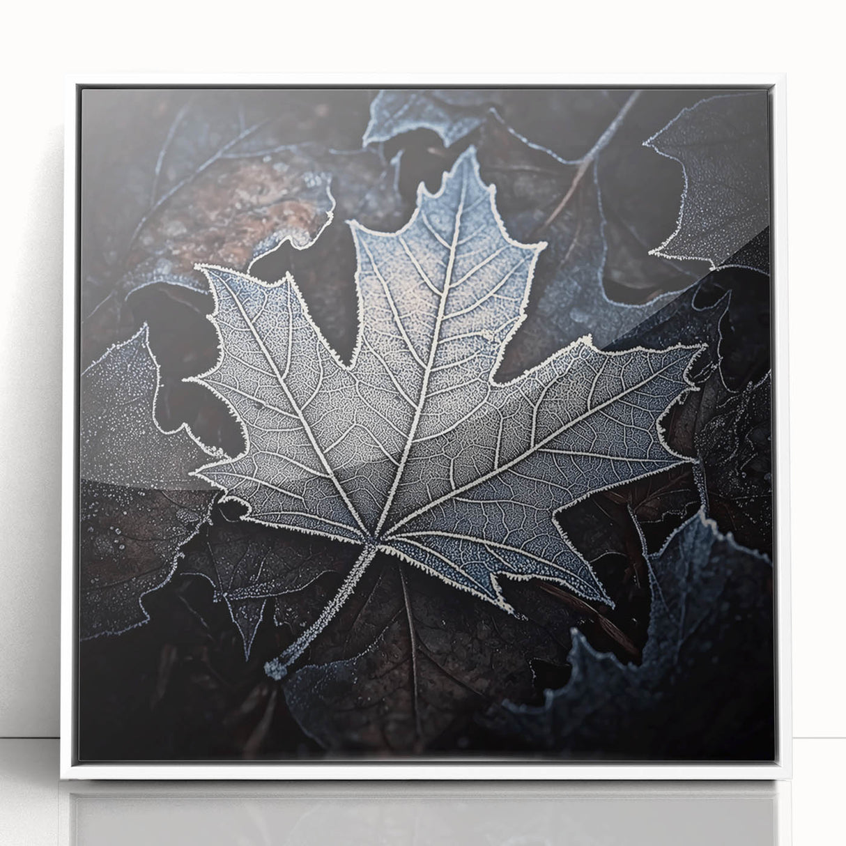 Close-up of green leaves on a white acrylic framed poster in art deco style, suitable for modern nursery wall decor.
