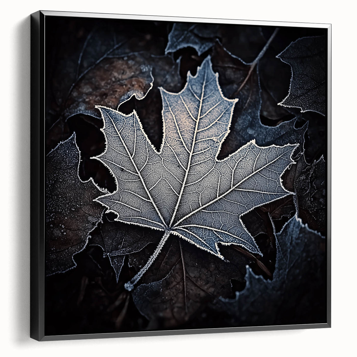 Black and white close-up photo of leaves on a framed canvas, ideal for bedroom wall decor with a vintage poster art style.