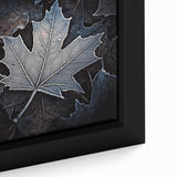 Close-up of textured leaves in black, framed canvas, ideal for living room decor.
