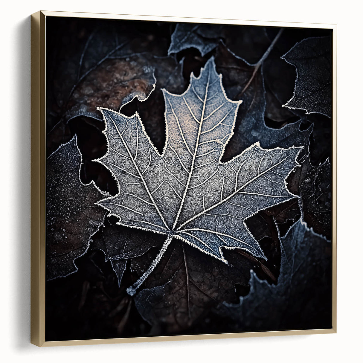 Framed canvas featuring close-up of leaves in silver and gold, ideal for bedroom wall art.