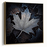 Framed canvas featuring close-up of leaves in silver and gold, ideal for bedroom wall art.