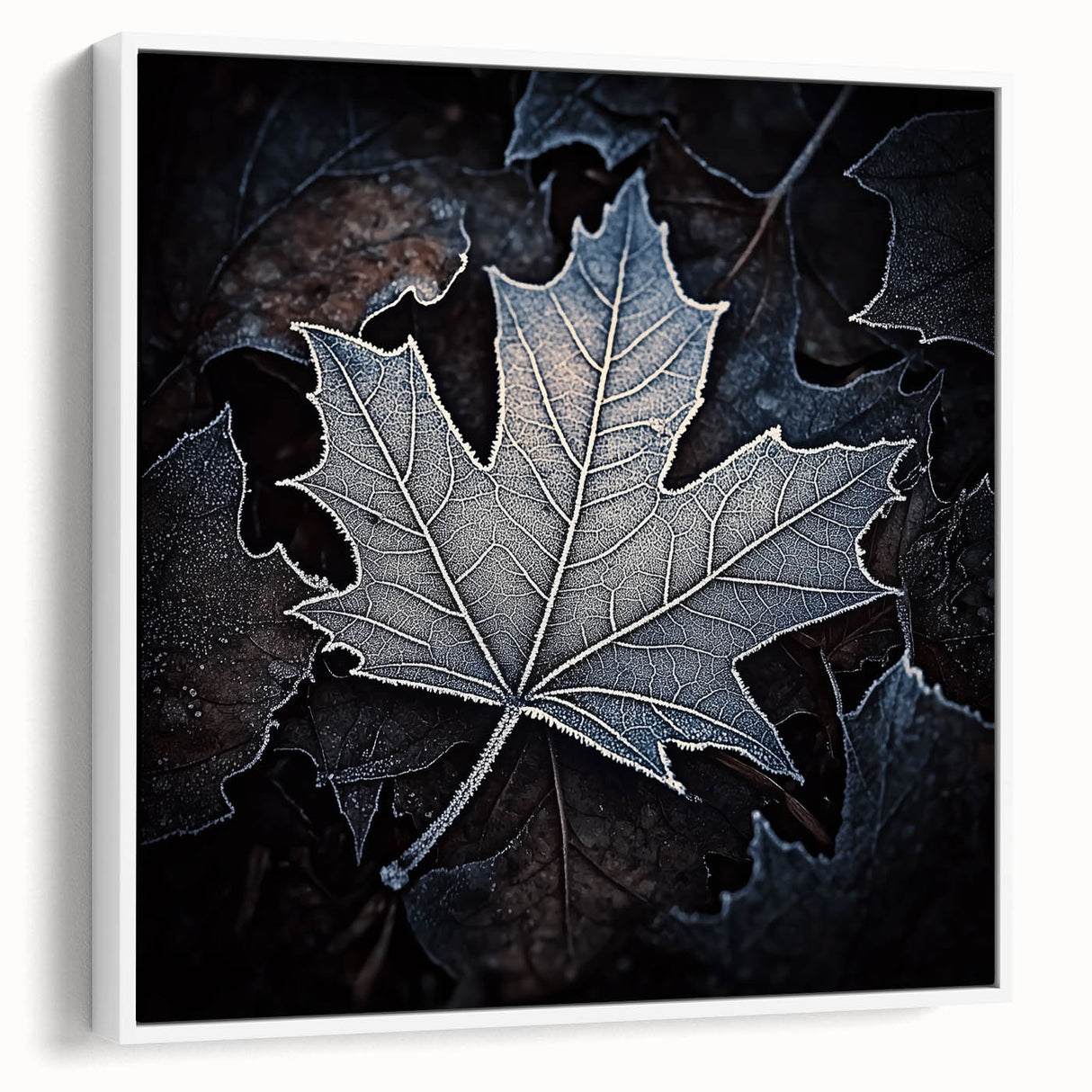 Vintage poster art featuring close-ups of leaves on a framed canvas, with a palette of green and white.