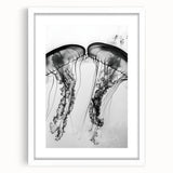 Abstract art print featuring close-up water imagery in muted blue and white tones, framed in white.